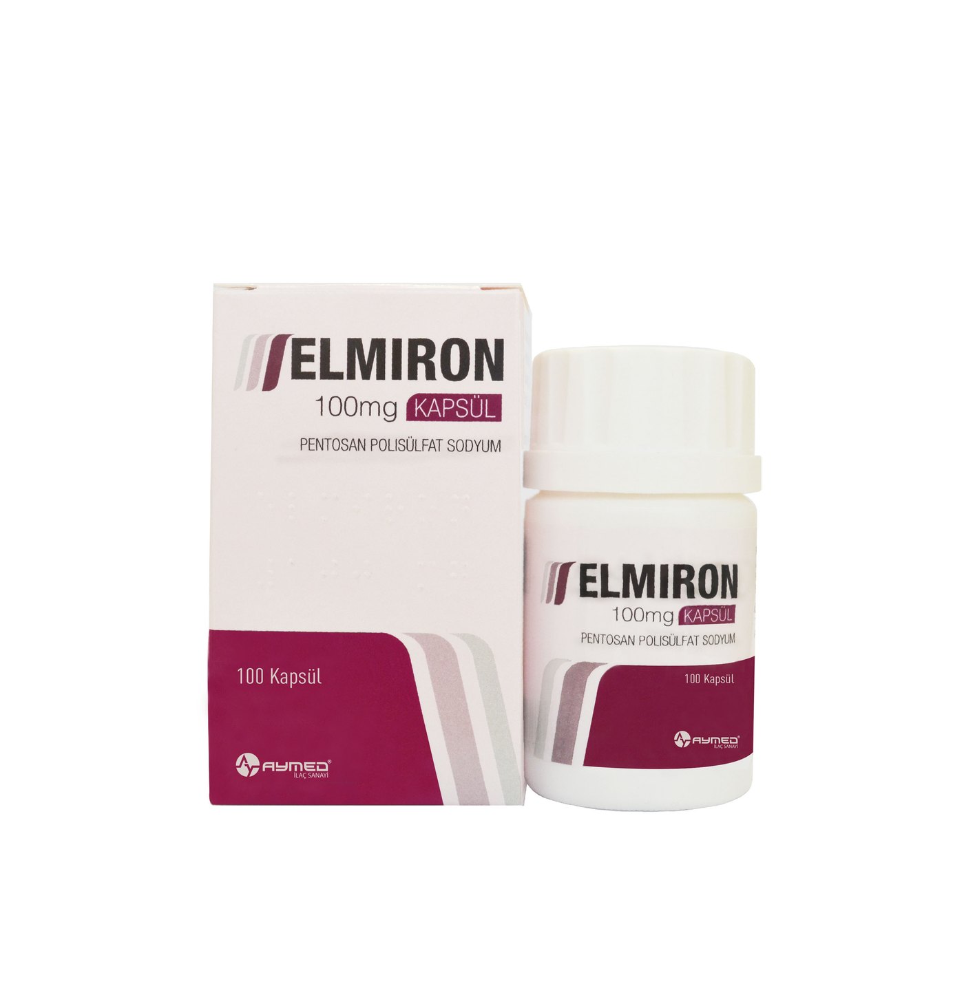 Elmiron 100 mg hard capsules, carton and bottle