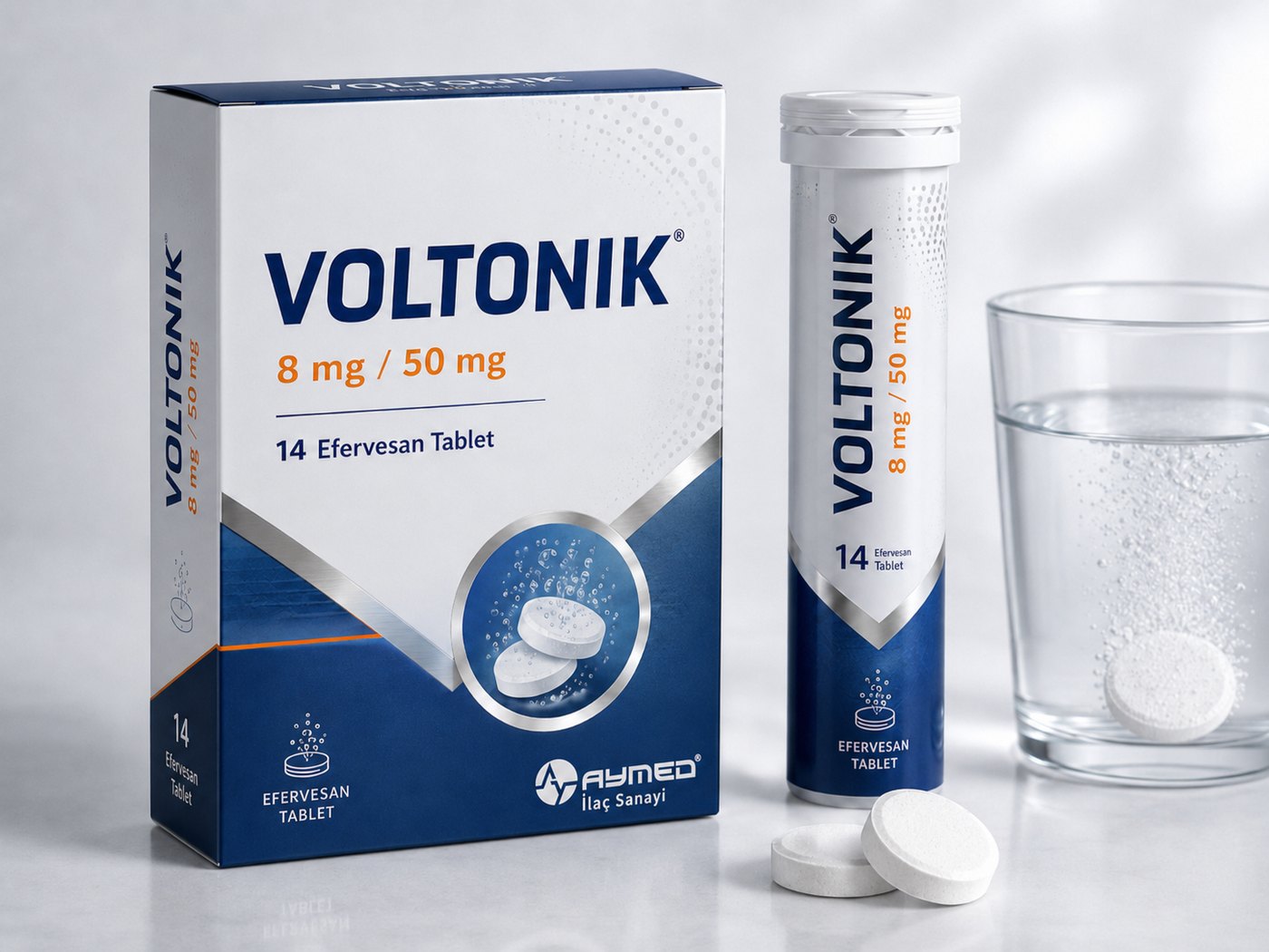 Voltonik 8 mg / 50 mg effervescent tablet: carton and tube pack